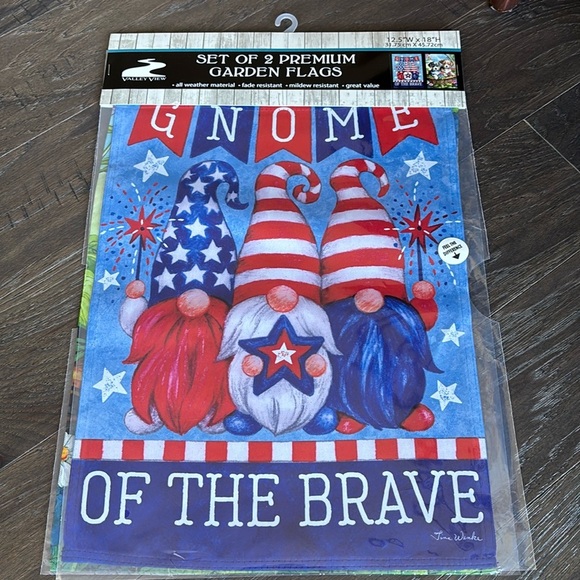Valley View Garden Flags, 2 pack, Gnome of the Brave & puppies in flower basket - Picture 1 of 5